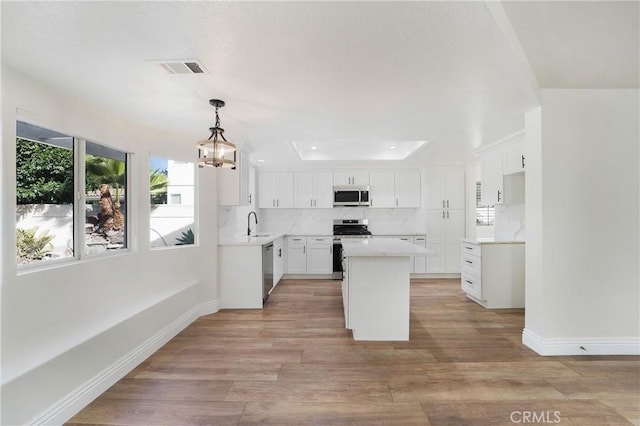 kitchen with stainless steel appliances, a center island, a tray ceiling, white cabinets, and decorative light fixtures