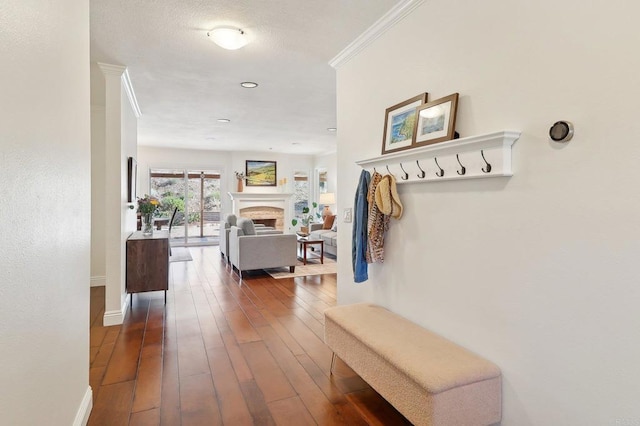 mudroom featuring crown molding, a fireplace, dark wood finished floors, and baseboards