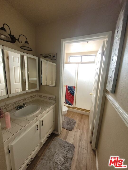 bathroom with vanity, wood-type flooring, and toilet