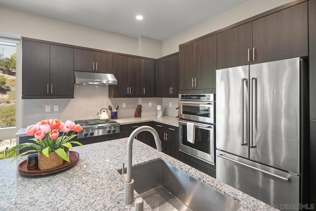 kitchen with tasteful backsplash, sink, dark brown cabinetry, stainless steel appliances, and light stone countertops