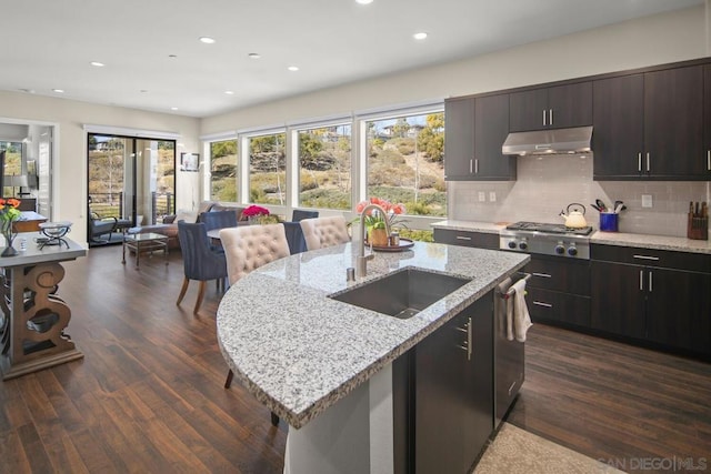 kitchen with appliances with stainless steel finishes, dark hardwood / wood-style floors, an island with sink, sink, and light stone countertops