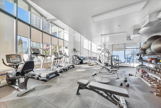 exercise room featuring floor to ceiling windows and a high ceiling