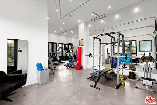 workout area featuring a high ceiling