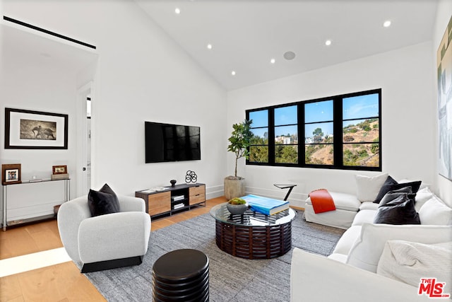 living room featuring high vaulted ceiling and light wood-type flooring