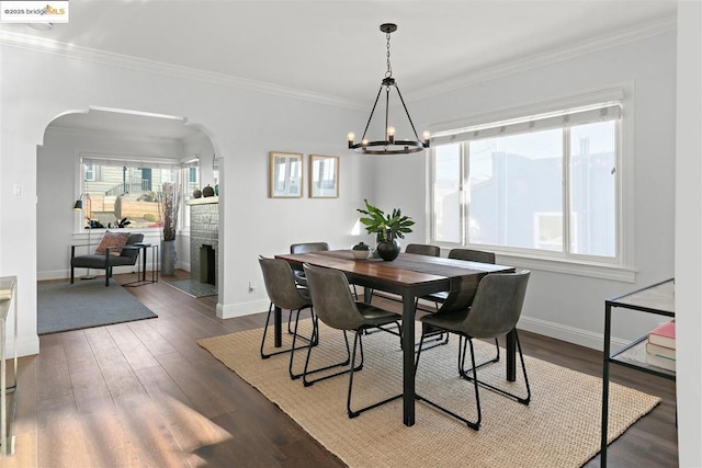 dining area featuring dark wood-type flooring, a healthy amount of sunlight, and crown molding