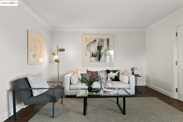 living room featuring ornamental molding and dark hardwood / wood-style floors