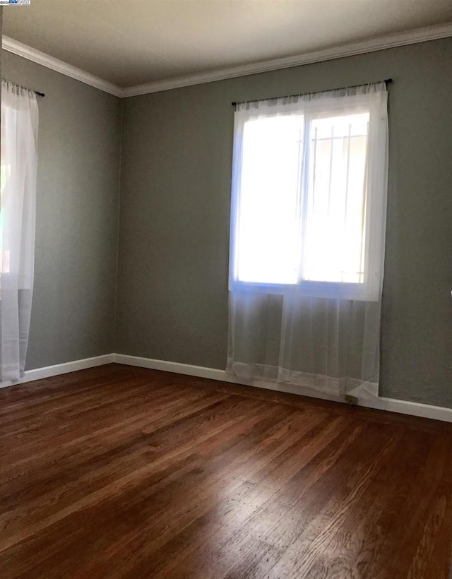 empty room with dark wood-type flooring, ornamental molding, and plenty of natural light