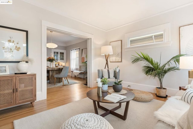 living room with hardwood / wood-style floors and crown molding