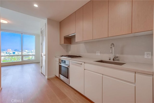 kitchen with light countertops, light wood-type flooring, recessed lighting, appliances with stainless steel finishes, and a sink