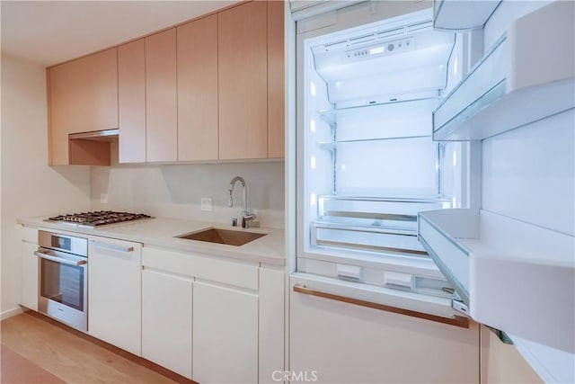 kitchen featuring under cabinet range hood, light wood-type flooring, light countertops, appliances with stainless steel finishes, and a sink