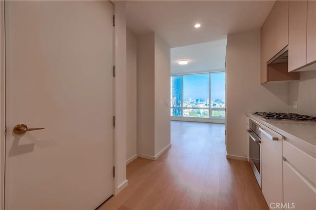 kitchen with light hardwood / wood-style flooring, stainless steel appliances, and white cabinets