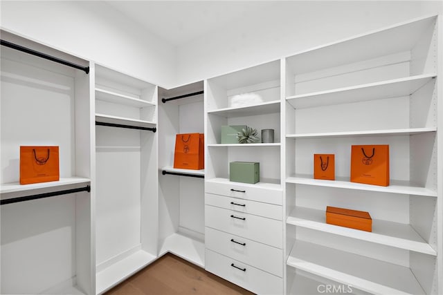 walk in closet with dark wood-type flooring