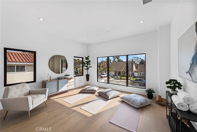 sitting room with light hardwood / wood-style flooring