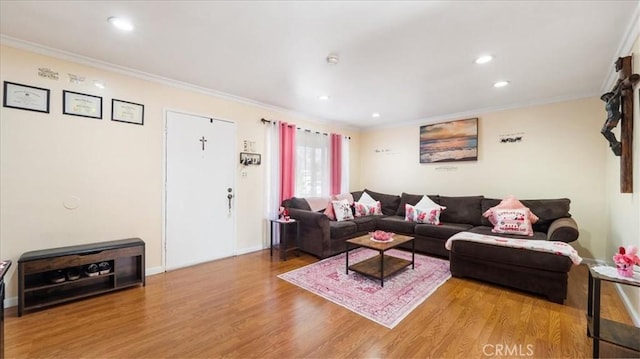 living room with ornamental molding and hardwood / wood-style floors