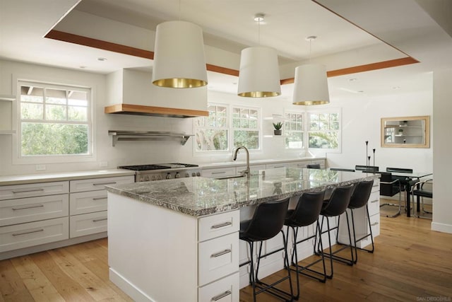 kitchen with hanging light fixtures, white cabinetry, and a center island with sink