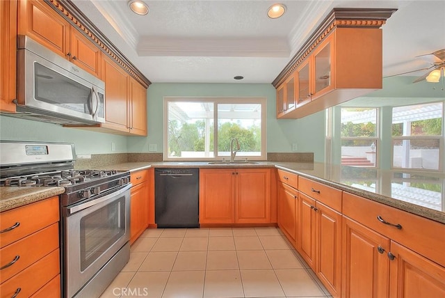 kitchen with stainless steel appliances, a tray ceiling, light stone countertops, and sink