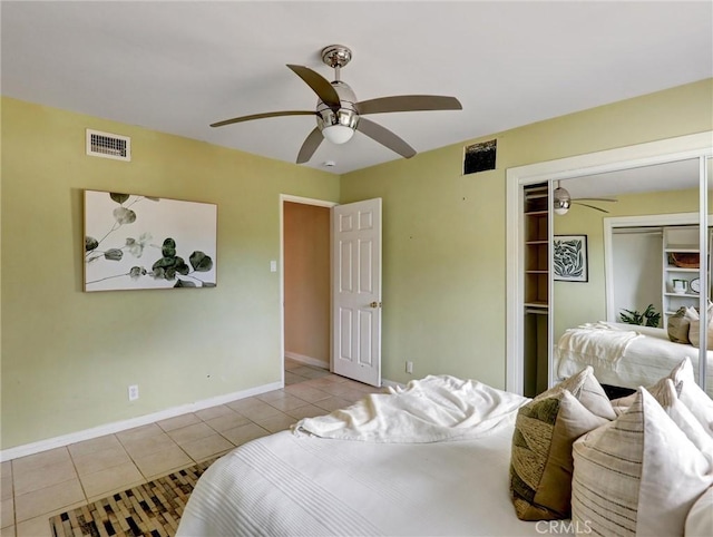 tiled bedroom featuring ceiling fan and a closet