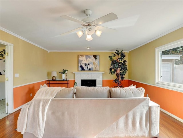 living room featuring crown molding, ceiling fan, a tiled fireplace, and hardwood / wood-style floors