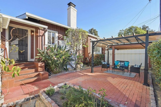 view of patio / terrace with outdoor lounge area and a pergola