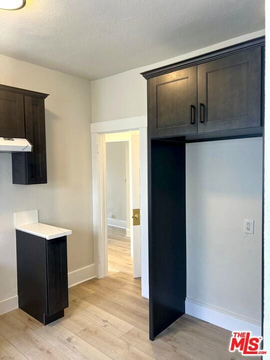 kitchen featuring dark brown cabinetry, a textured ceiling, and light wood-type flooring