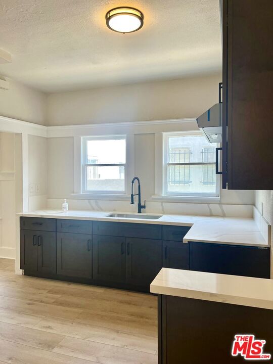 kitchen with sink and light hardwood / wood-style flooring