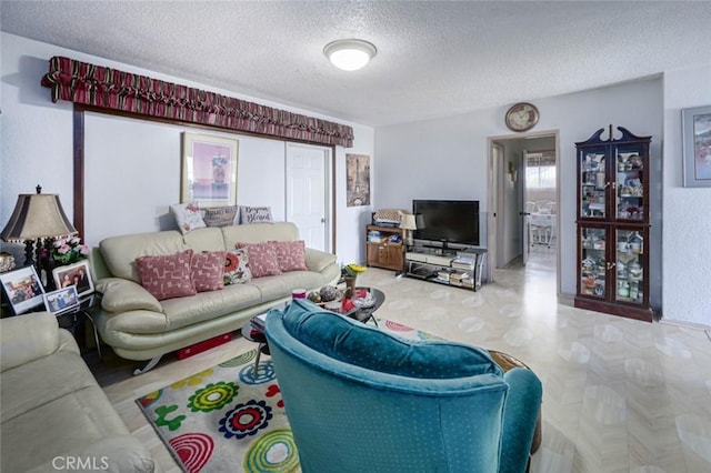 living room with a textured ceiling