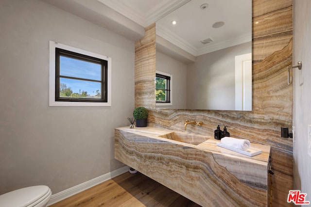 bathroom featuring crown molding, wood-type flooring, toilet, and sink