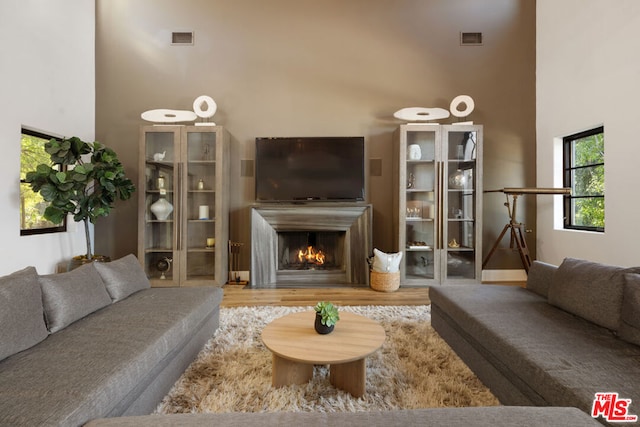 living room with hardwood / wood-style floors and a towering ceiling