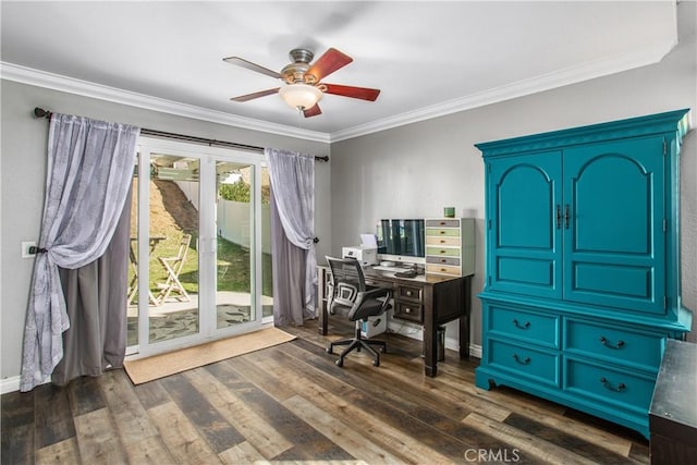 office space with dark hardwood / wood-style flooring, ornamental molding, and ceiling fan