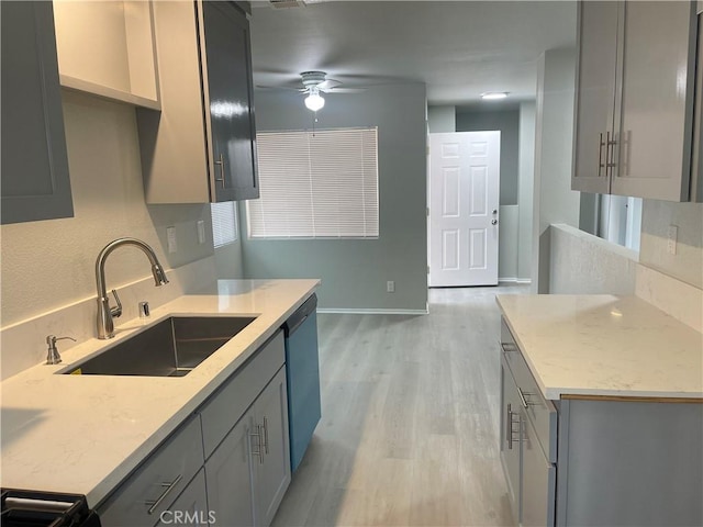 kitchen with gray cabinetry, sink, and dishwasher