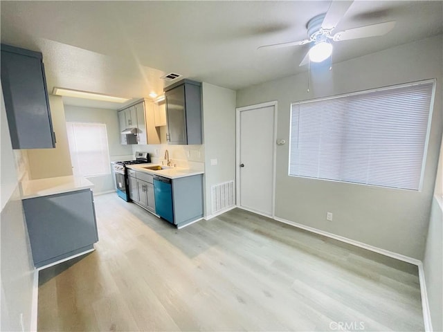 kitchen with sink, light wood-type flooring, appliances with stainless steel finishes, gray cabinets, and ceiling fan