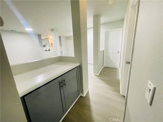 bar with gray cabinetry and light hardwood / wood-style floors