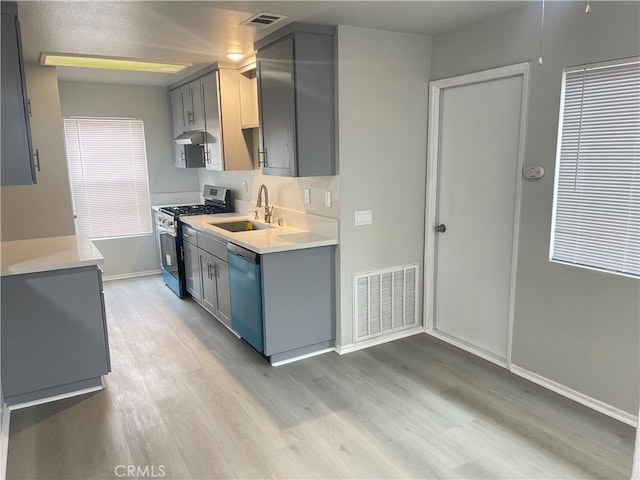 kitchen featuring gray cabinets, appliances with stainless steel finishes, sink, and light wood-type flooring