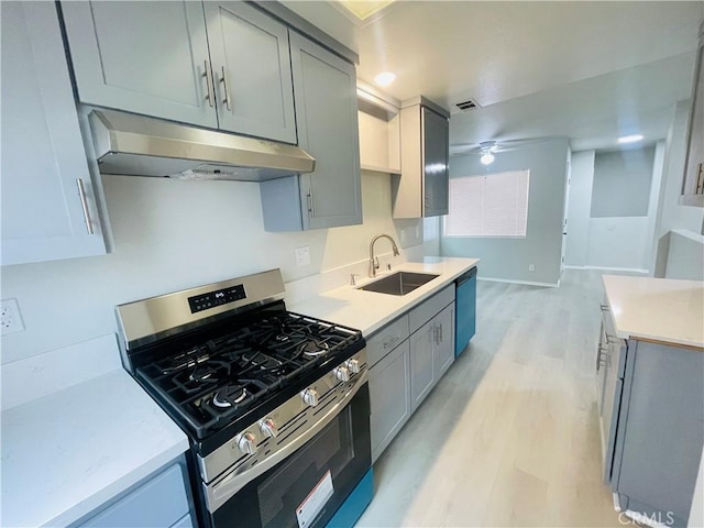 kitchen featuring sink, gray cabinets, ceiling fan, stainless steel appliances, and light hardwood / wood-style floors