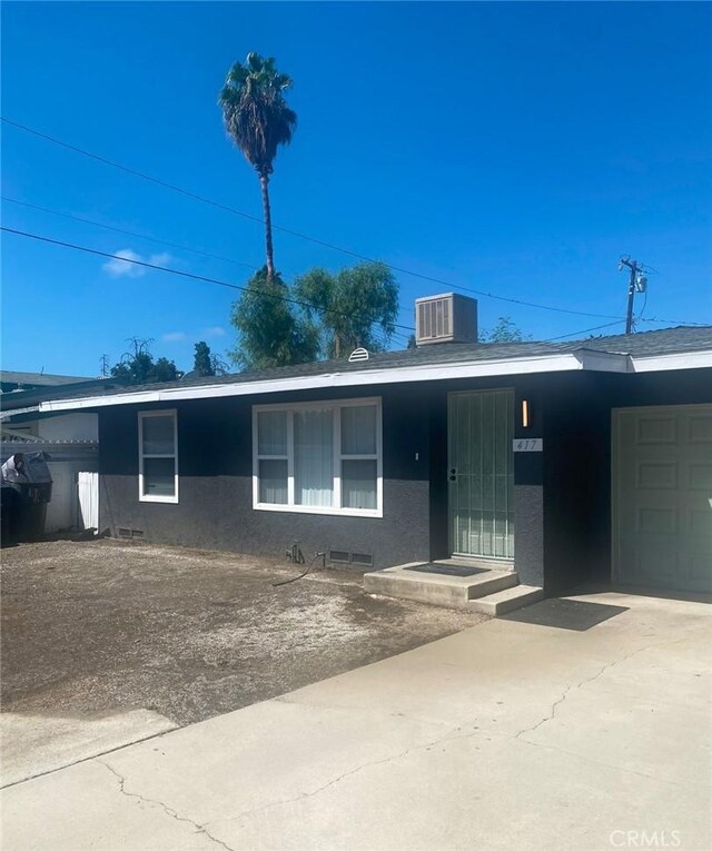 single story home featuring cooling unit and stucco siding
