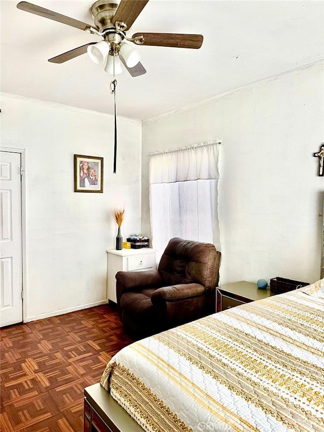 bedroom with ceiling fan and dark parquet flooring