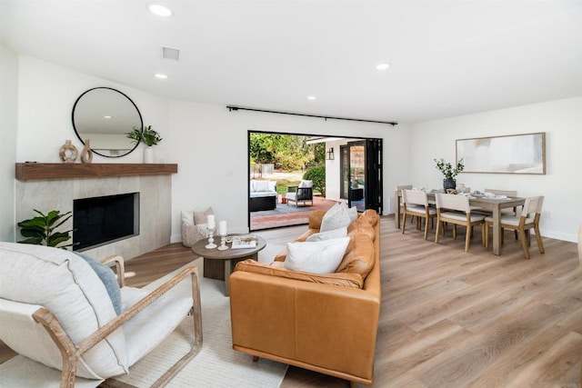 living room featuring a fireplace and light hardwood / wood-style floors