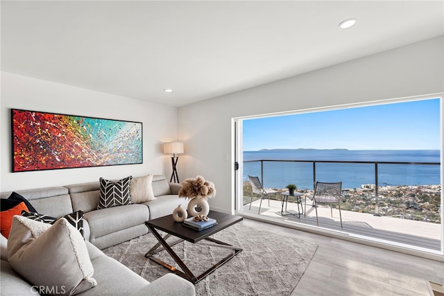 living room featuring a water view and light hardwood / wood-style flooring