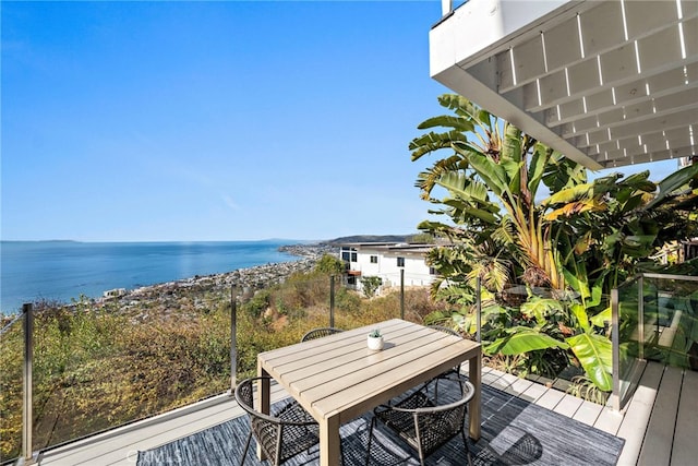 deck featuring a water view