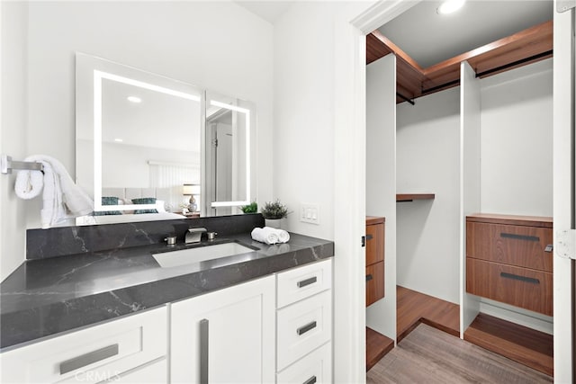 bathroom with wood-type flooring and vanity