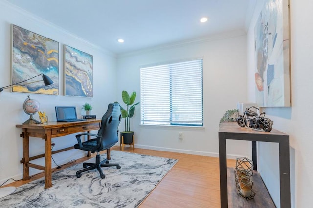 office with crown molding and hardwood / wood-style floors