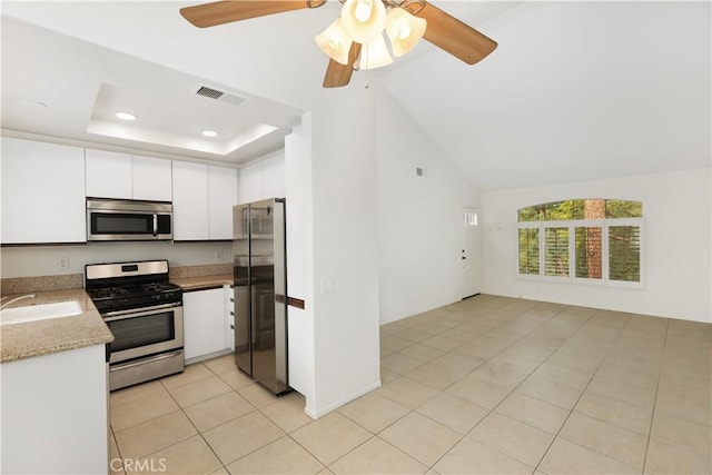kitchen featuring sink, appliances with stainless steel finishes, a tray ceiling, light stone countertops, and white cabinets