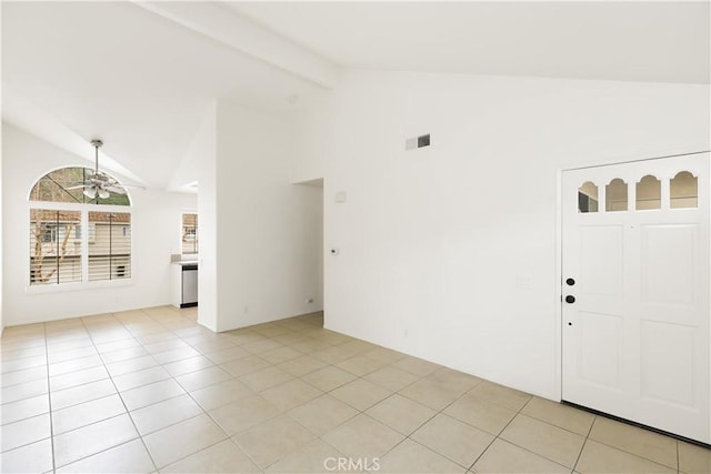 tiled empty room featuring beamed ceiling, high vaulted ceiling, and ceiling fan