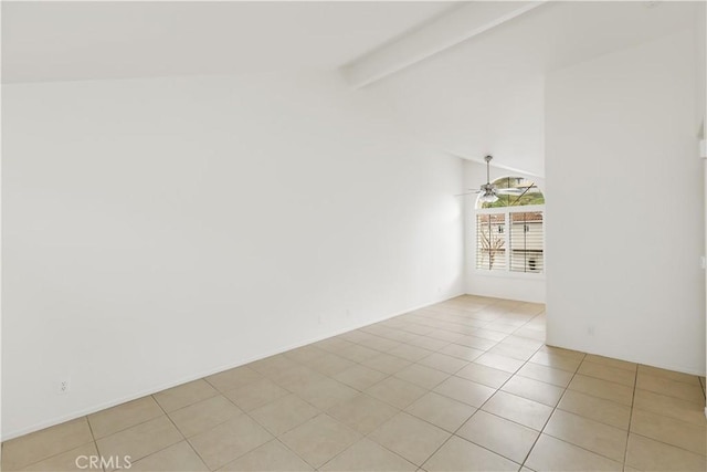tiled empty room with lofted ceiling with beams and ceiling fan