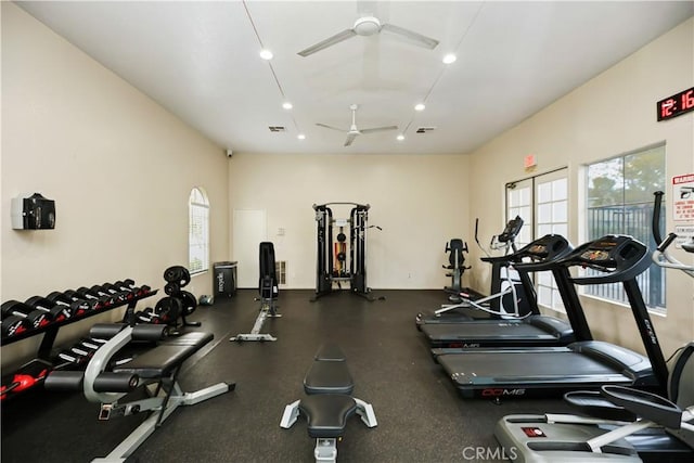 gym featuring ceiling fan