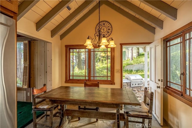 sunroom featuring wood ceiling, lofted ceiling with beams, and a chandelier