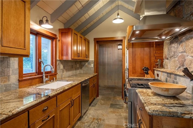 kitchen with pendant lighting, sink, appliances with stainless steel finishes, decorative backsplash, and exhaust hood