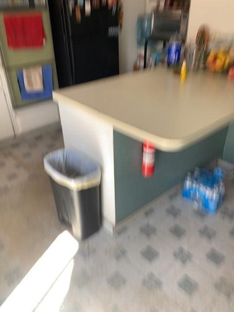 details with freestanding refrigerator and carpet floors