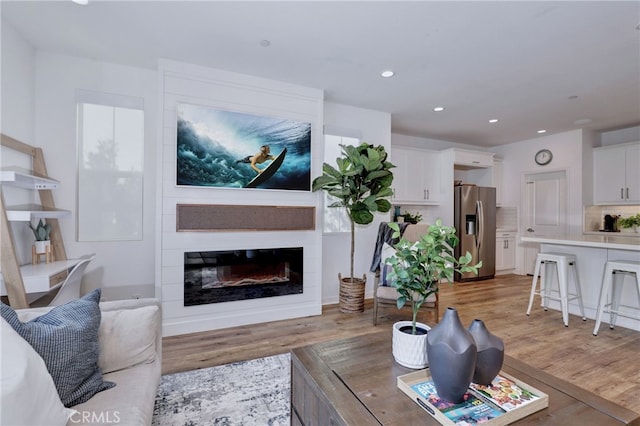 living room featuring a large fireplace and light hardwood / wood-style floors