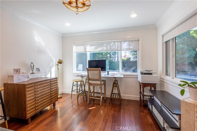 office space with ornamental molding and dark hardwood / wood-style floors